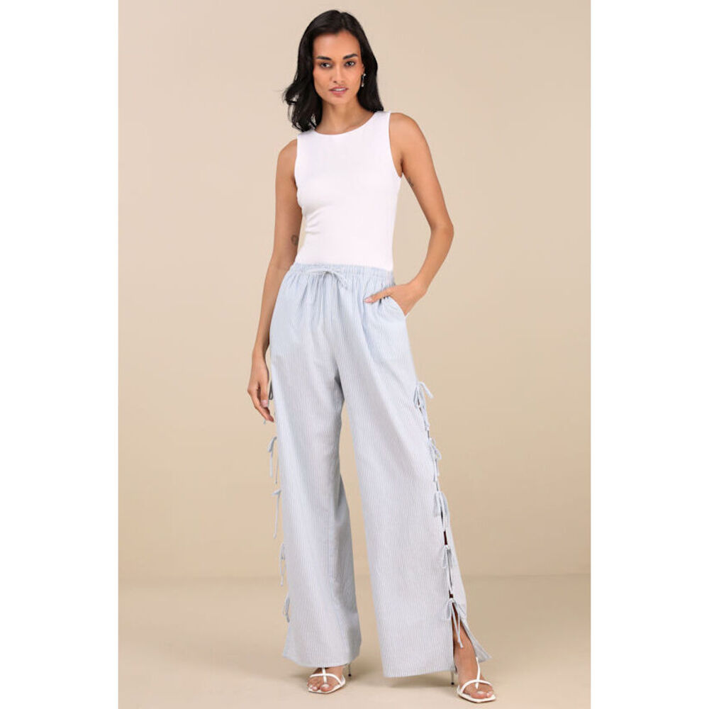 Lulus Palila Blue And White Striped Side-tie Pants - Size S